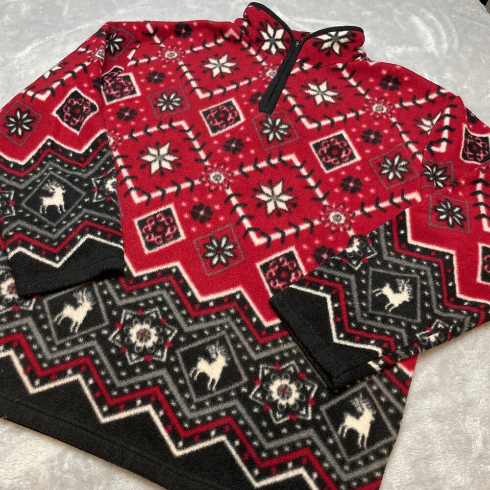 Vintage Cherokee Womens Fleece Pullover Sz XL Red Black 1/4 Zip Fair Isle Nordic